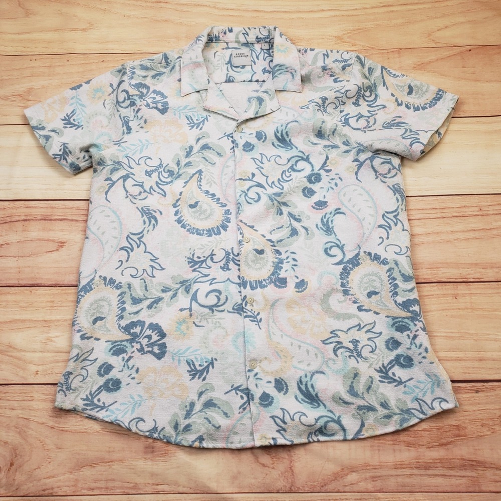 Essex Crossing Shirt Mens Large Blue Paisley Terry Cloth Short Sleeve Camp Adult